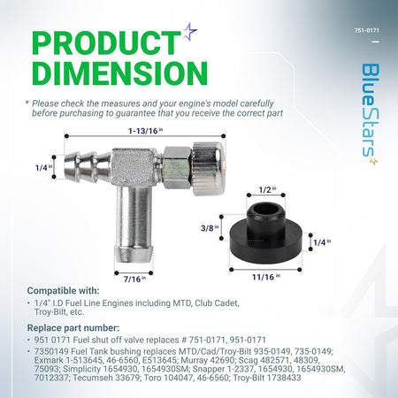 Dimension diagram of 951-0171 fuel shut off valve and 735-0149 gas tank grommet with measurements.