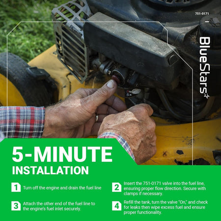 Installation guide for 751-0171 fuel shut off valve on a lawn mower engine.