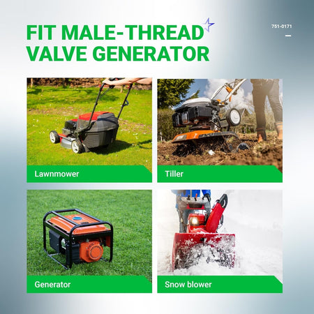 Infographic showing 751-0171 fuel shut off valve compatibility with lawn mowers, tillers, generators, and snow blowers.