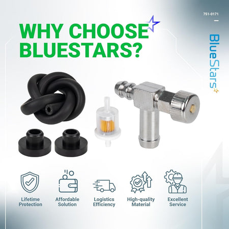 Fuel shut off valve, gas tank grommets, fuel filter, and fuel line kit for MTD, Troy-Bilt, and Craftsman equipment.