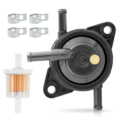 Replacement fuel pump kit with fuel filter and four hose clamps for Kawasaki engines.