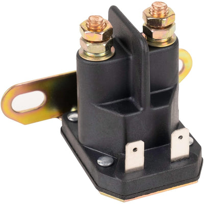 12V starter solenoid relay for John Deere and MTD lawn tractors with dual copper terminals and mounting bracket.