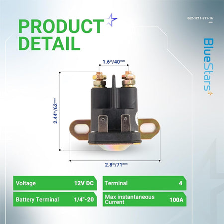 Dimensional diagram of 12V starter solenoid relay for John Deere and MTD lawn tractors showing technical specifications.