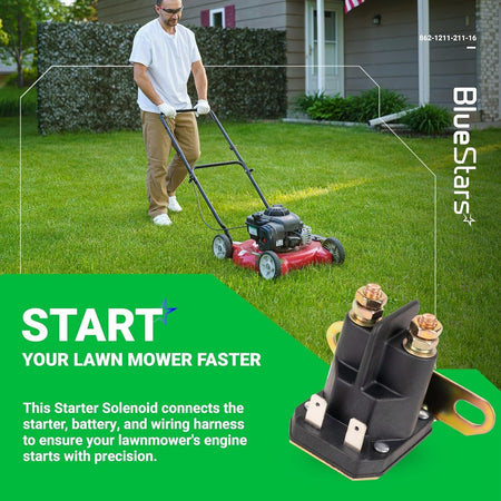 12V starter solenoid relay for John Deere and MTD lawn tractors, shown in a promotional lifestyle graphic.