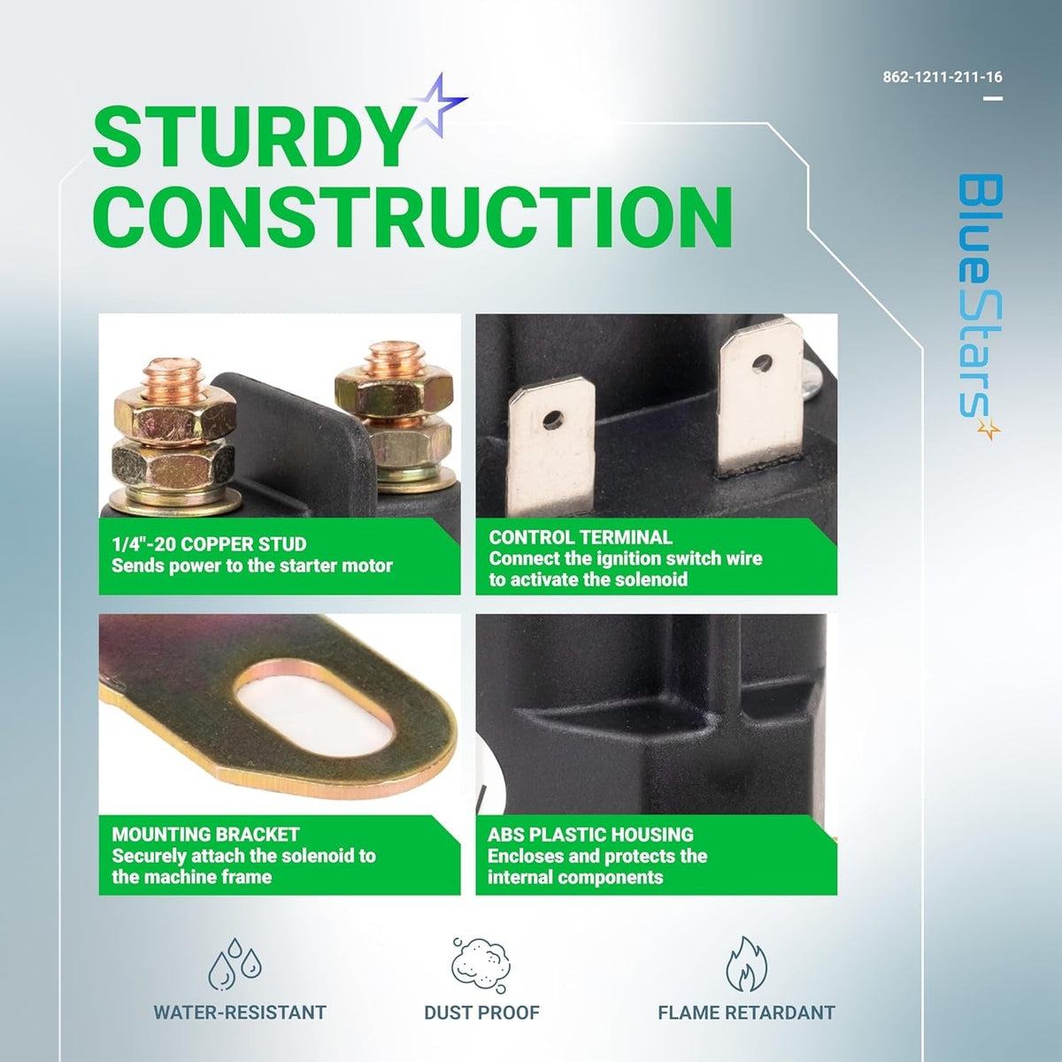 Infographic showing construction features of 862-1211-211-16 starter solenoid relay for lawn tractors.
