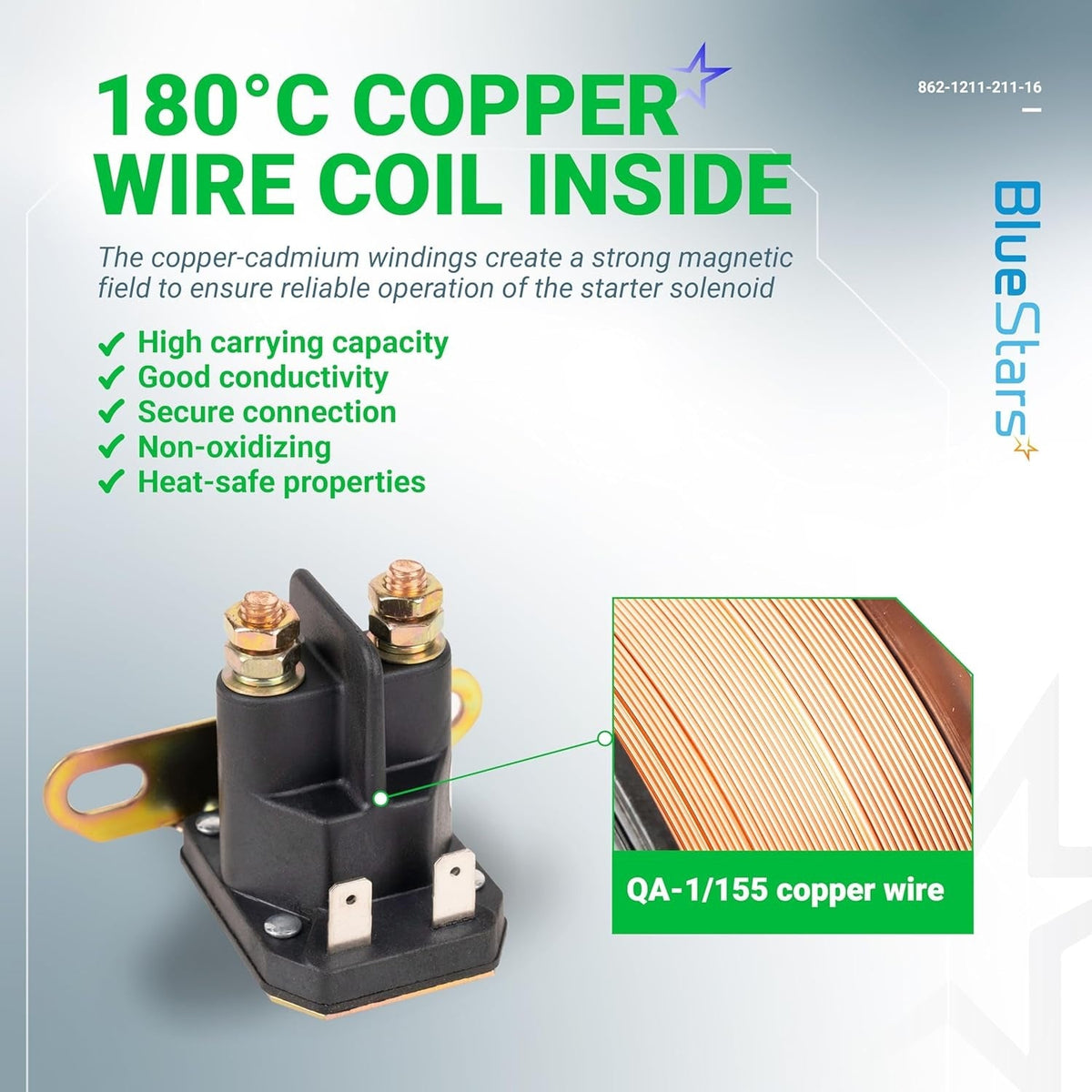Starter solenoid relay 862-1211-211-16 showing internal 180°C copper wire coil construction and features.