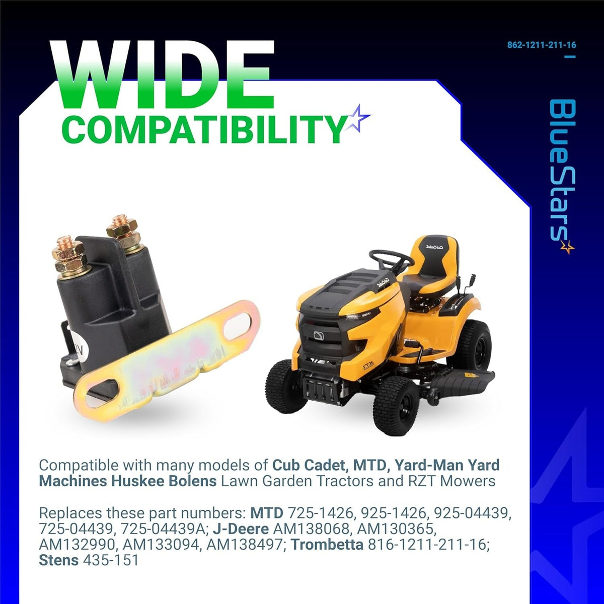 12V starter solenoid relay for John Deere, MTD, and Cub Cadet lawn tractors with mounting bracket and mower graphic.