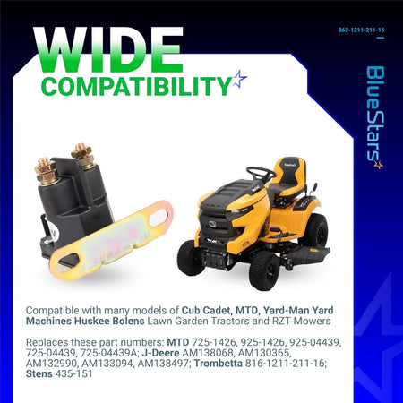 12V starter solenoid relay for John Deere, MTD, and Cub Cadet lawn tractors with mounting bracket and mower graphic.