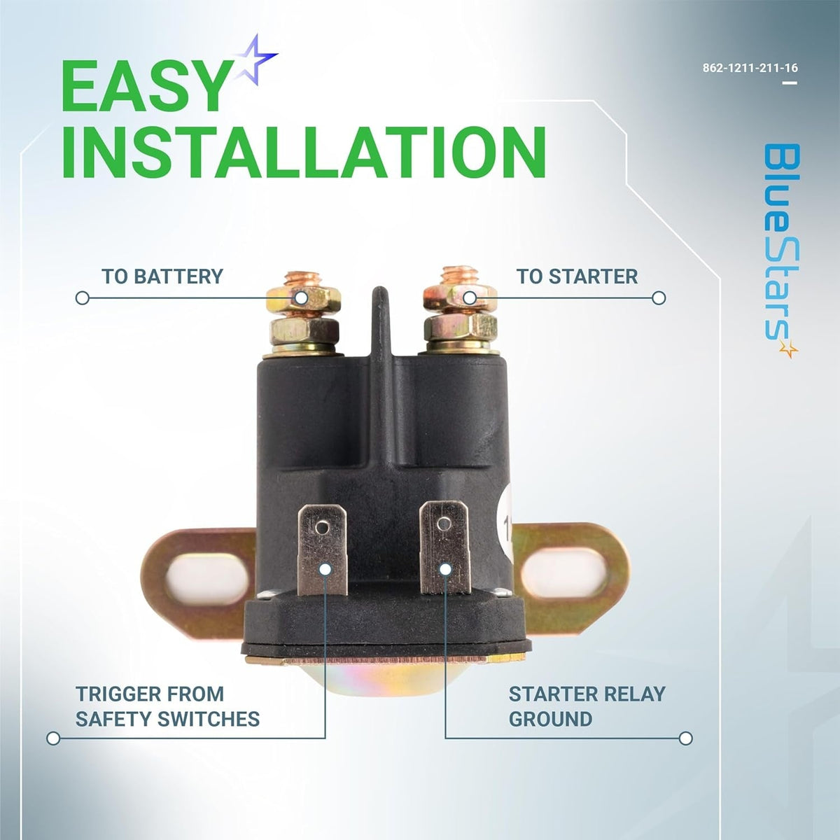 Diagram of 12V starter solenoid relay showing battery, starter, switch, and ground terminal connections.