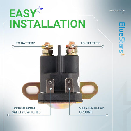 Diagram of 12V starter solenoid relay showing battery, starter, switch, and ground terminal connections.