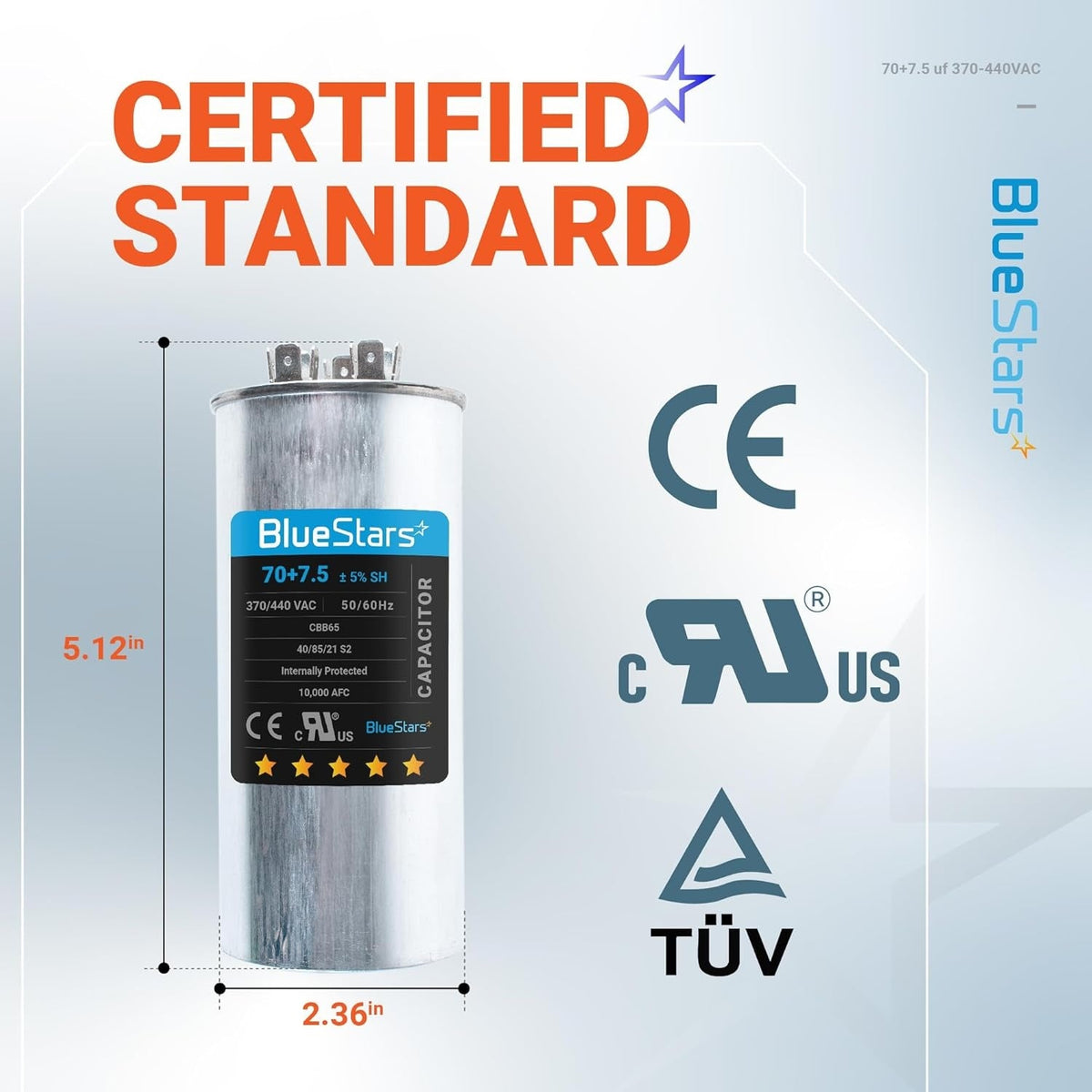 70+7.5 uF MFD 370/440 VAC round dual run capacitor with 5.12-inch height and 2.36-inch diameter dimensions.
