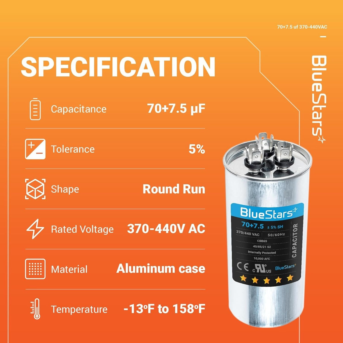 Specification chart for 70+7.5 uF 370/440 VAC round dual run capacitor for air conditioner or heat pump.