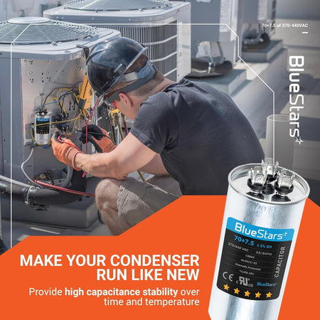 70+7.5 uF 370/440 VAC round dual run capacitor for air conditioner and heat pump condenser units.