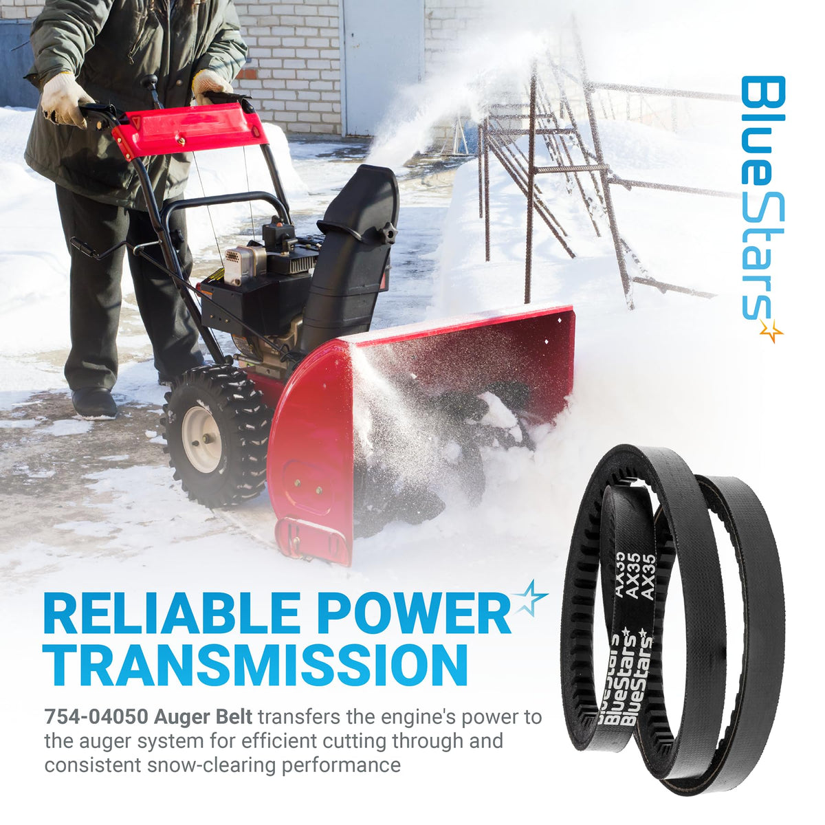 954-04050A snow thrower auger belt shown with a snow blower in operation for power transmission demonstration.