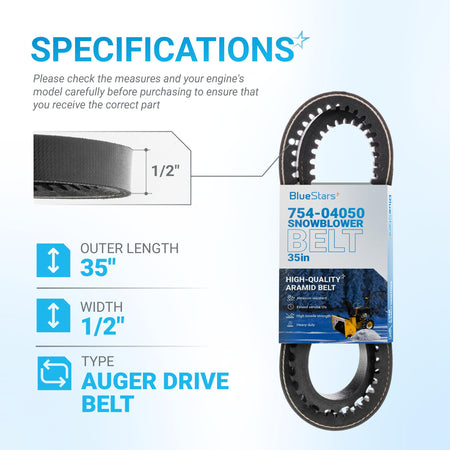 Infographic showing 954-04050A snow thrower auger belt specifications including 1/2 inch width and 35 inch length.