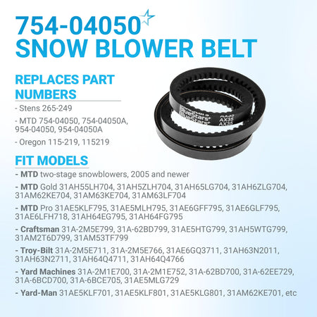 Replacement snow blower auger belt 754-04050A with compatibility and part number information chart.