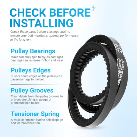 Infographic showing 954-04050A snow thrower auger belt installation tips for pulley bearings, edges, grooves, and springs.