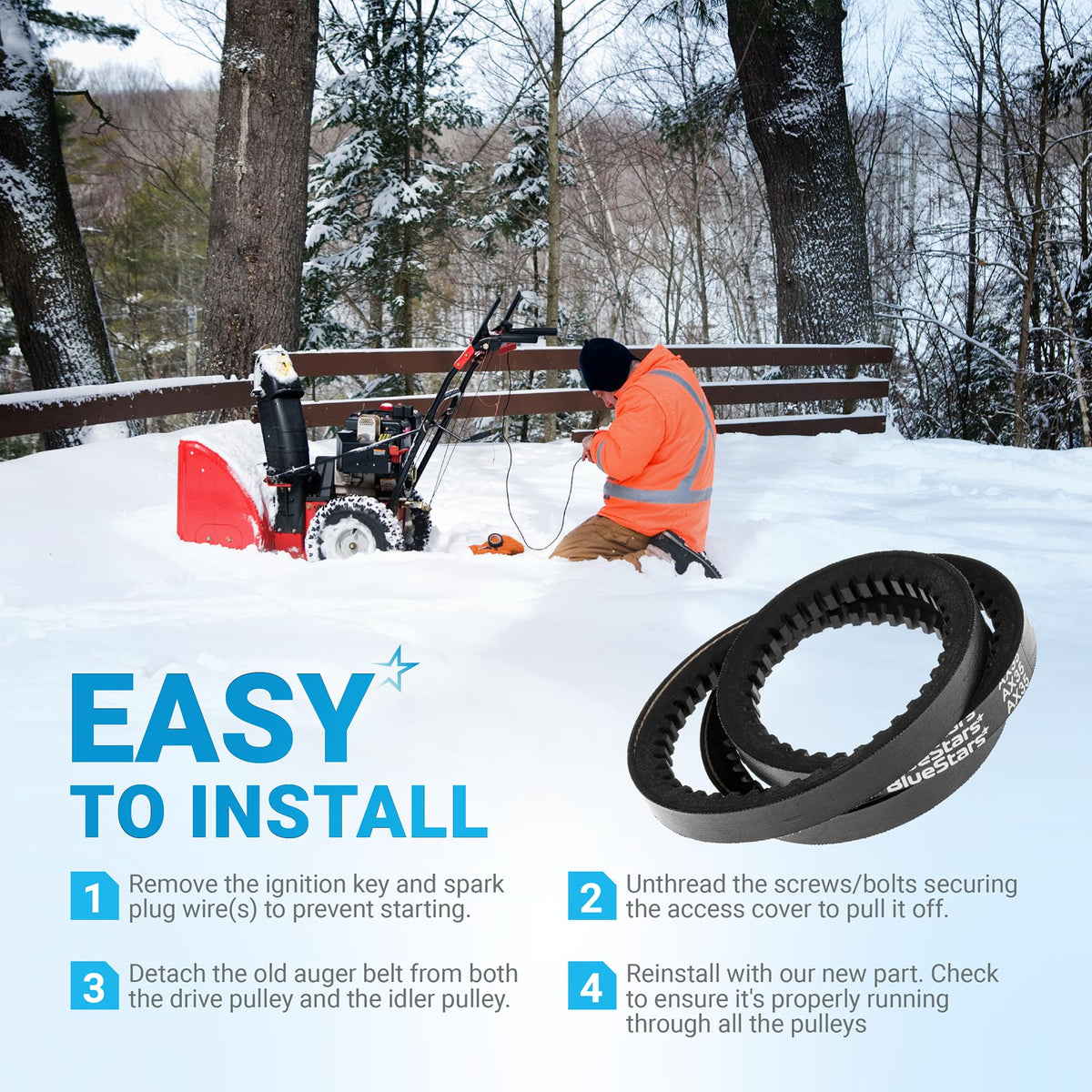 Installation guide for 954-04050A snow thrower auger belt showing steps and product close-up.