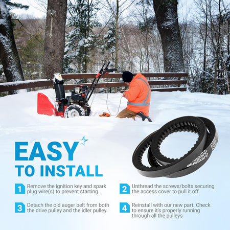 Installation guide for 954-04050A snow thrower auger belt showing steps and product close-up.