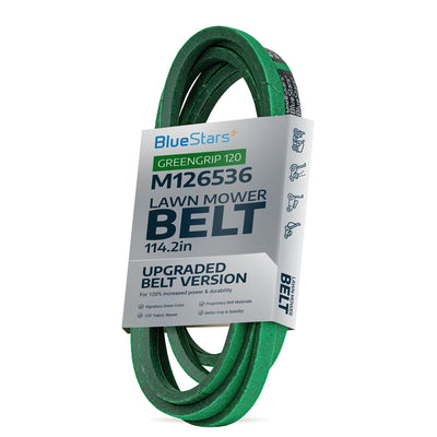 M126536 green mower deck belt in BlueStars branded packaging for John Deere and Cub Cadet lawn mowers.