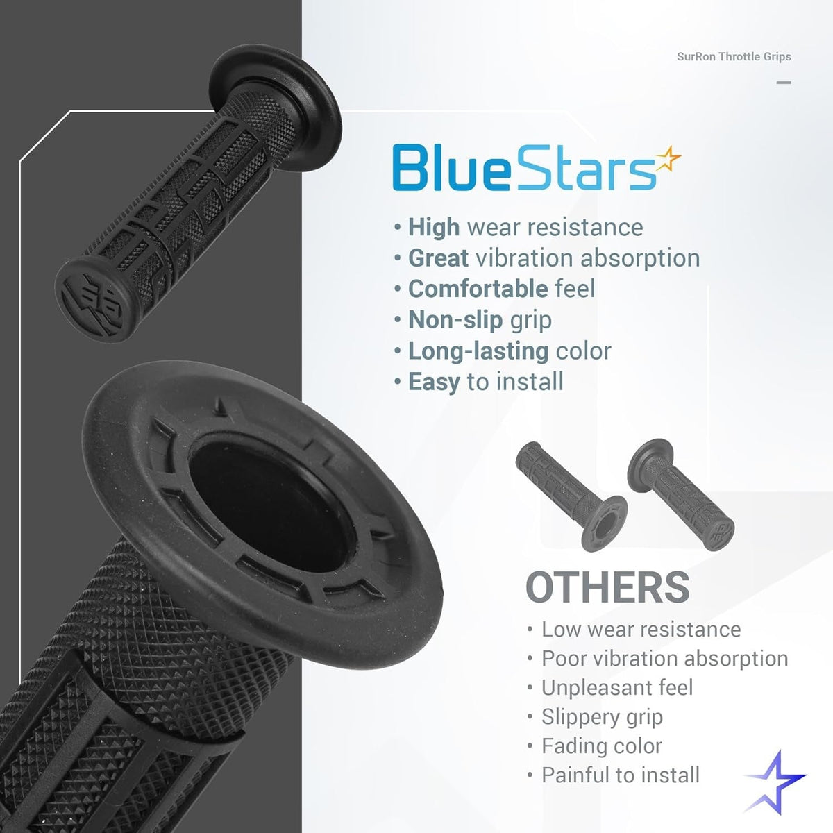Comparison graphic showing black Surron throttle grips with non-slip texture and vibration absorption features.