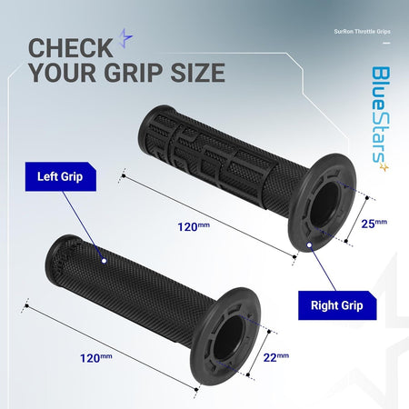 Surron black throttle grips showing 120mm length and diameter measurements for left and right handlebar grips.
