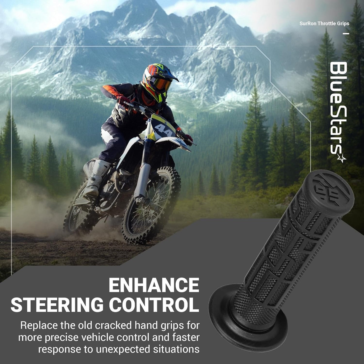 Close-up of a black Surron throttle grip with textured pattern for enhanced steering control.
