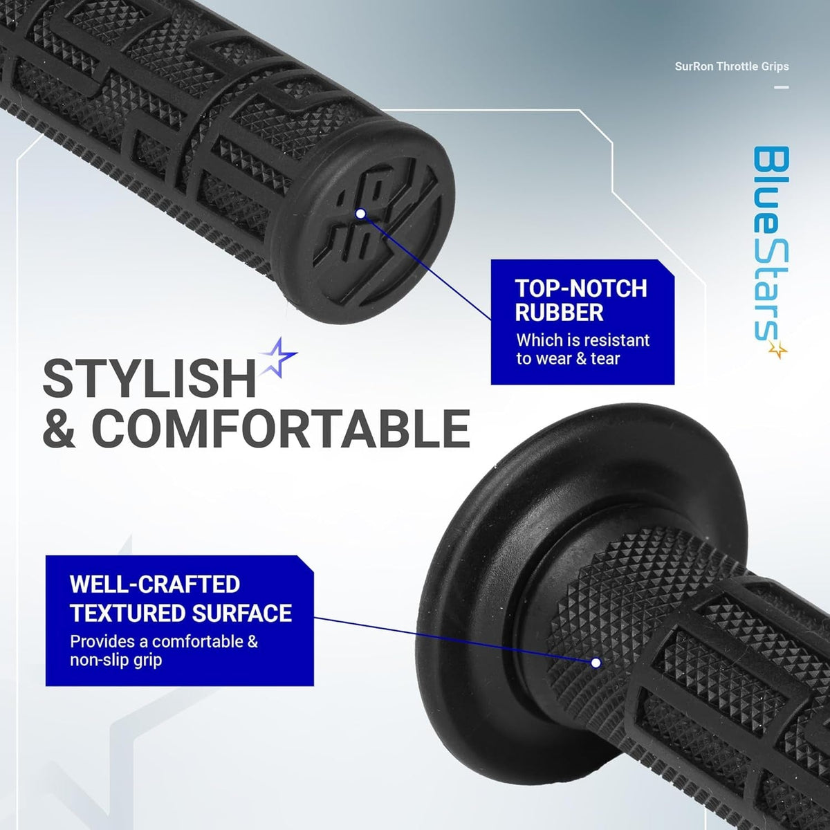 Close-up of black Surron throttle grips featuring a durable, textured non-slip rubber surface.