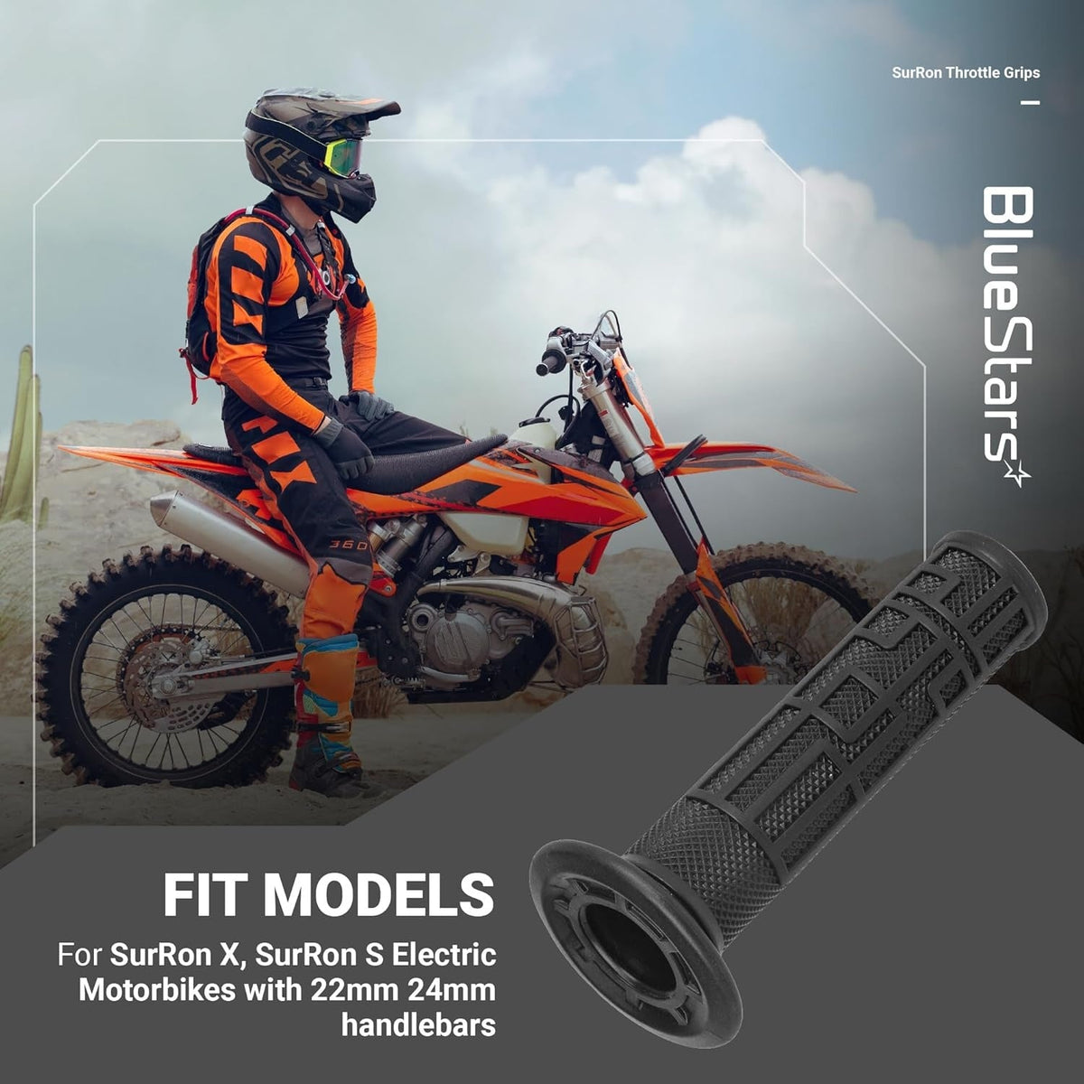 Black textured throttle grip for Surron electric motorbike handlebars.