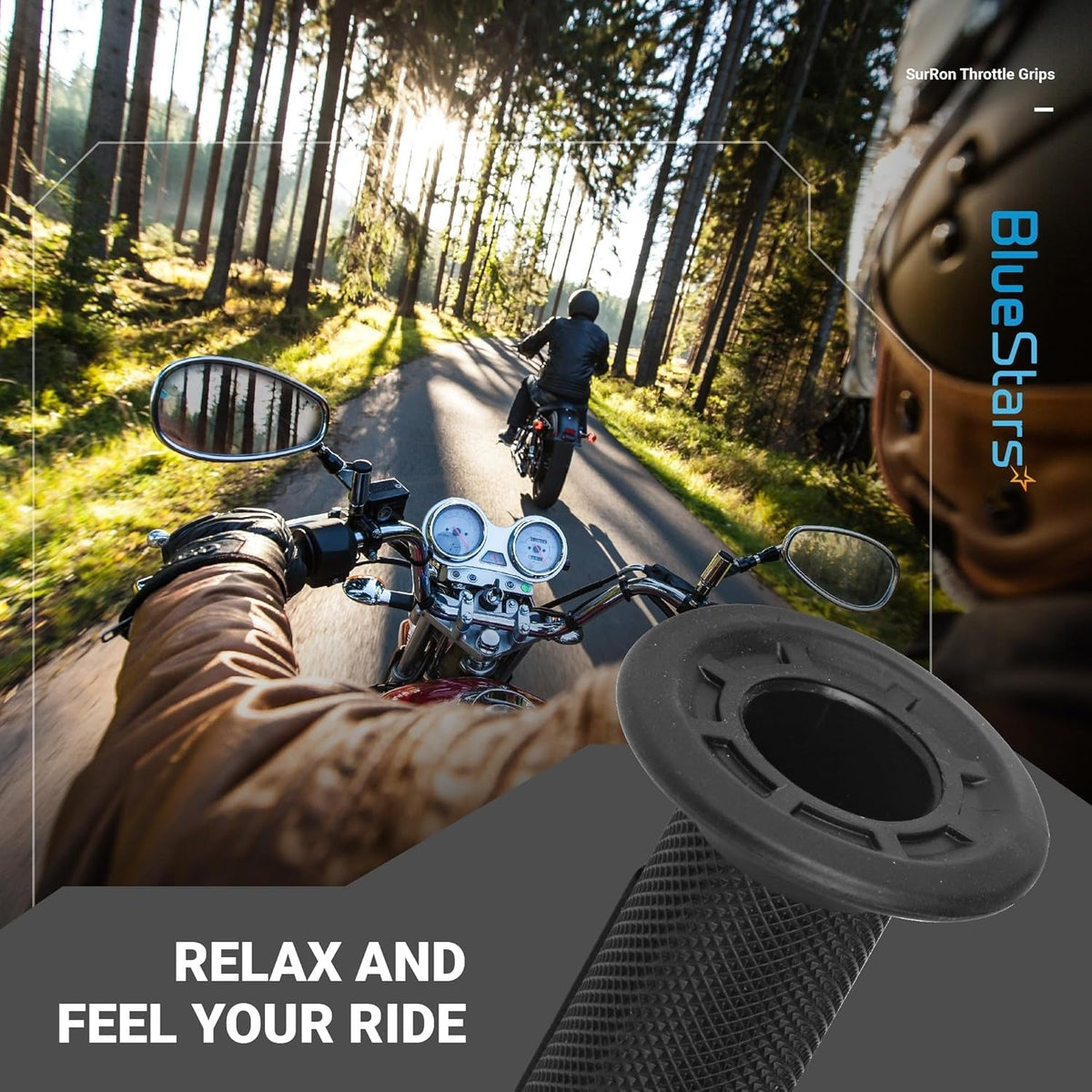 Close-up of black Surron throttle grip with textured surface against a motorcycle riding background.