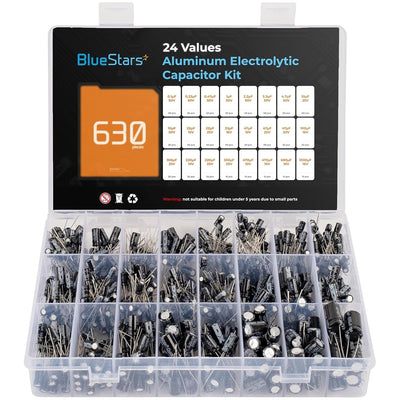 BlueStars 630-piece aluminum electrolytic capacitor kit in a clear plastic storage organizer box with value chart.