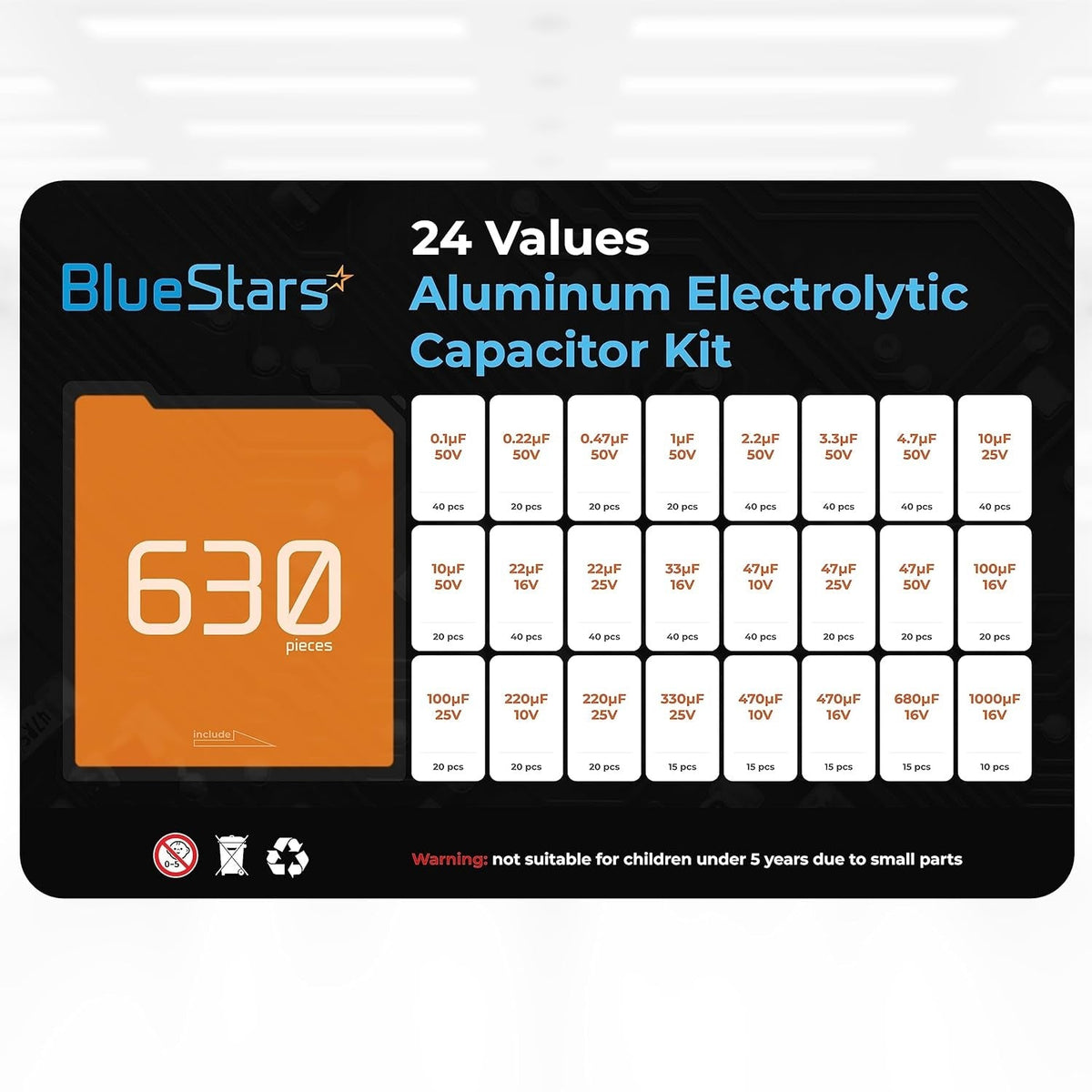 BlueStars 24-value aluminum electrolytic capacitor kit reference chart showing 630 pieces and specifications.