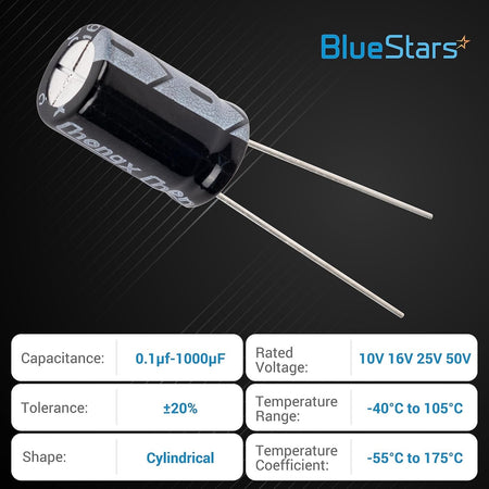 Close-up of a single cylindrical aluminum electrolytic capacitor with technical specifications chart.