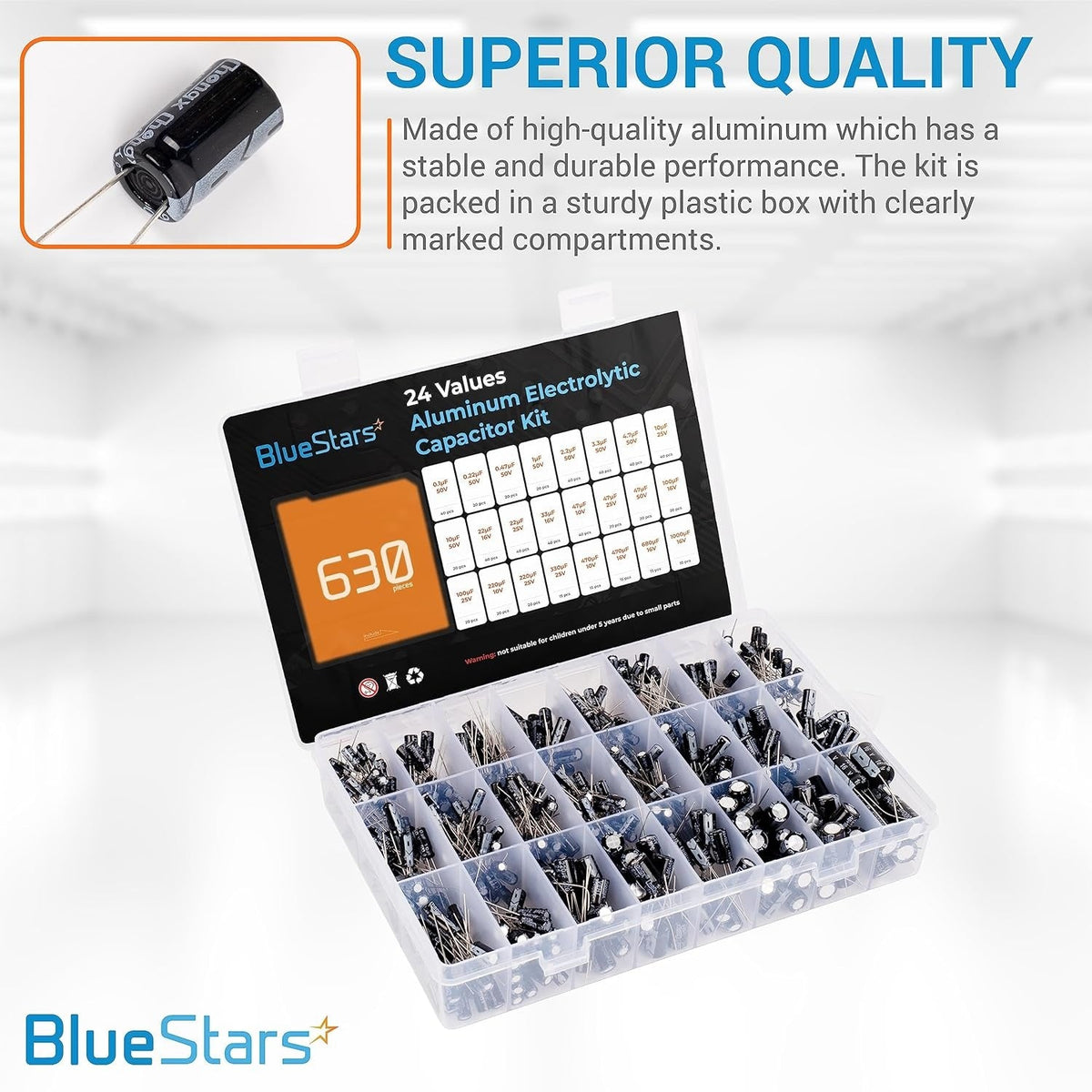 BlueStars 24-value aluminum electrolytic capacitor kit in a clear plastic storage organizer box with value guide.