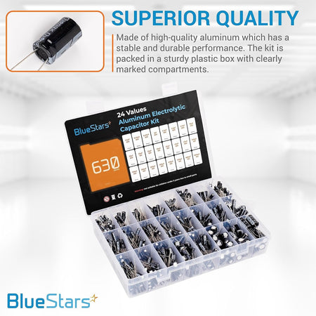 BlueStars 24-value aluminum electrolytic capacitor kit in a clear plastic storage organizer box with value guide.