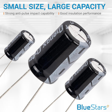 Three black aluminum electrolytic capacitors of varying sizes shown against a white background.