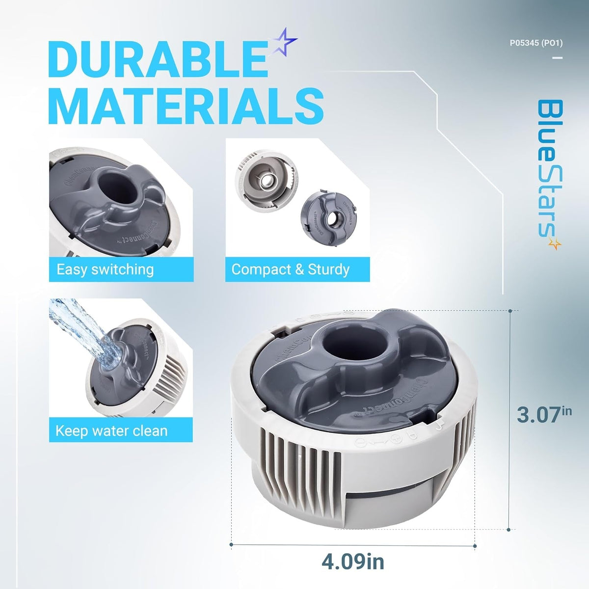 Infographic showing features and dimensions of the P05345 P03821 chemical chlorine dispenser for Coleman Saluspa hot tubs.