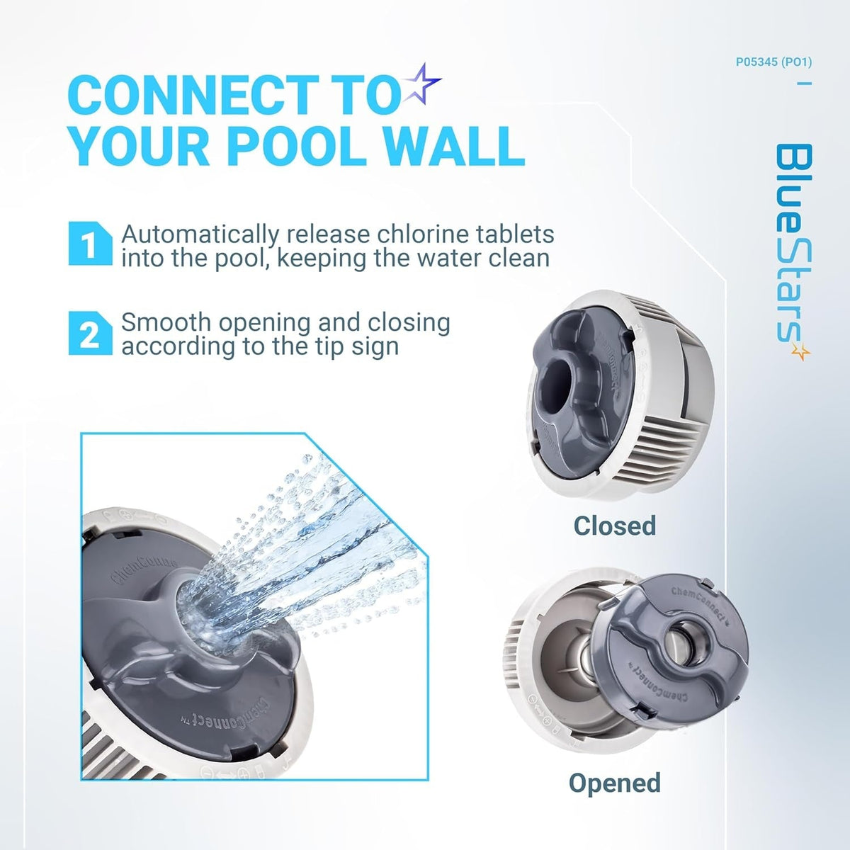 Instructional graphic showing closed and opened positions of the P05345 chlorine dispenser for Lay-Z-Spa hot tubs.