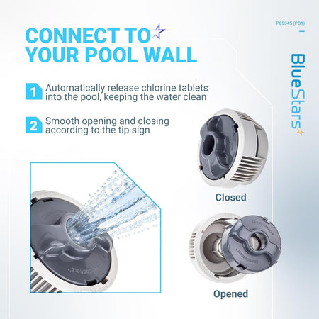 Instructional graphic showing closed and opened positions of the P05345 chlorine dispenser for Lay-Z-Spa hot tubs.