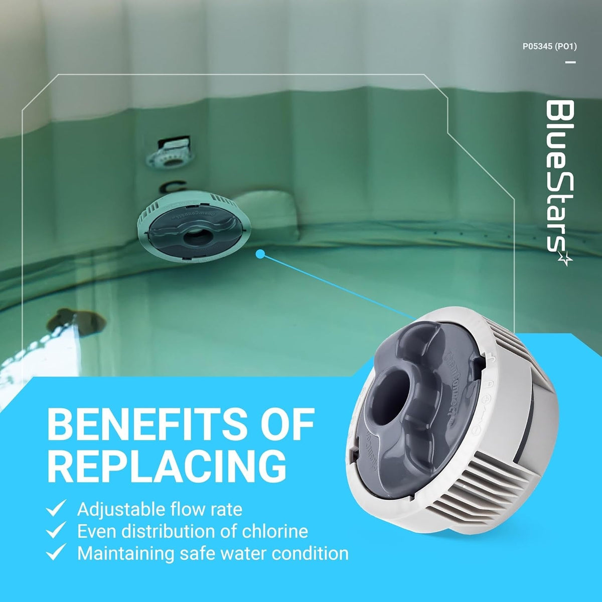 Replacement chemical chlorine dispenser for Coleman Saluspa and Lay-Z-Spa hot tubs with adjustable flow control.