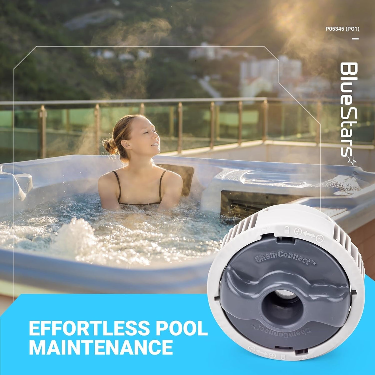 Chemical chlorine dispenser replacement for Coleman Saluspa and Lay-Z-Spa hot tubs shown in a lifestyle setting.