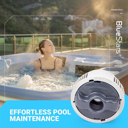Chemical chlorine dispenser replacement for Coleman Saluspa and Lay-Z-Spa hot tubs shown in a lifestyle setting.