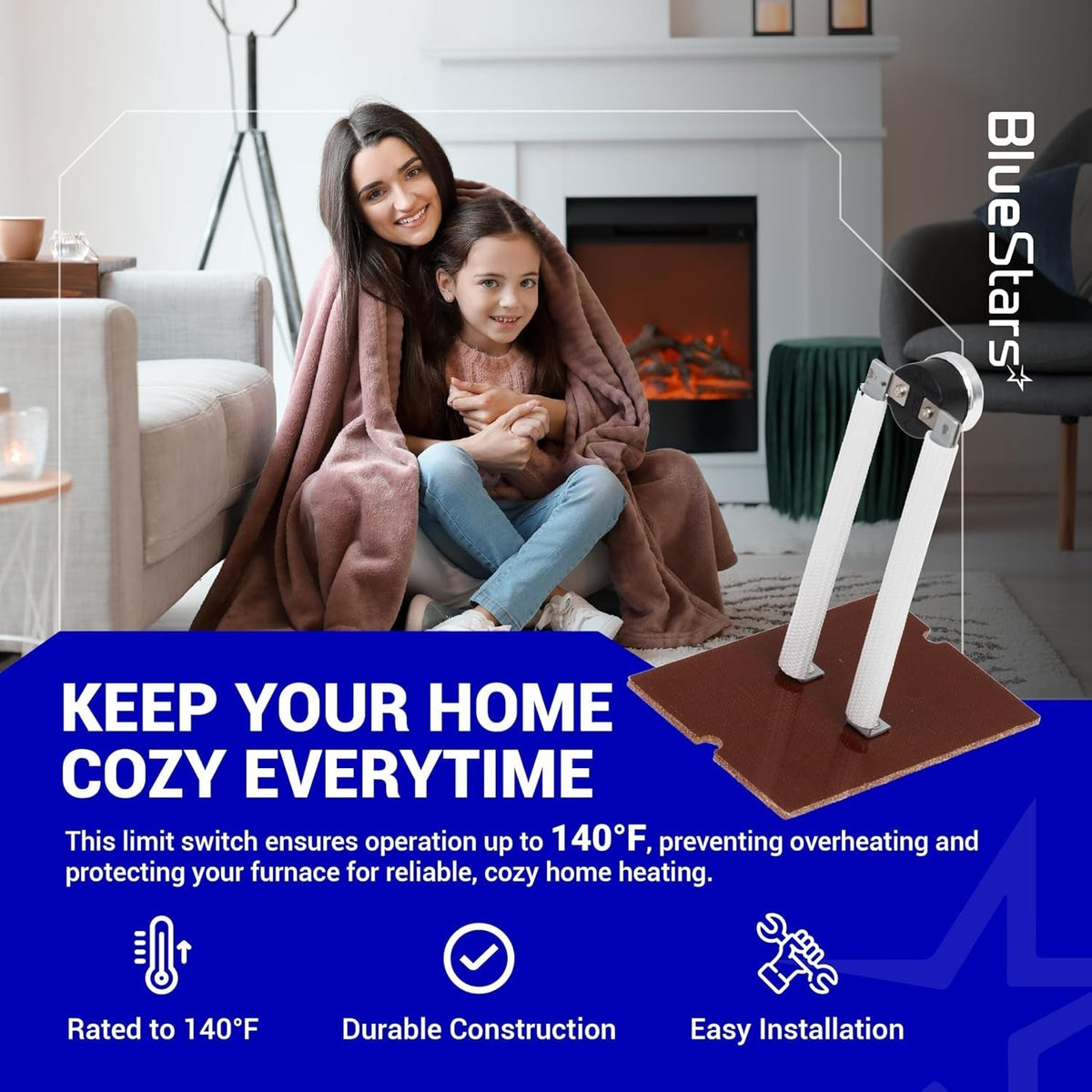 87F16 furnace primary limit switch rated to 140°F shown in a lifestyle graphic for home heating maintenance.
