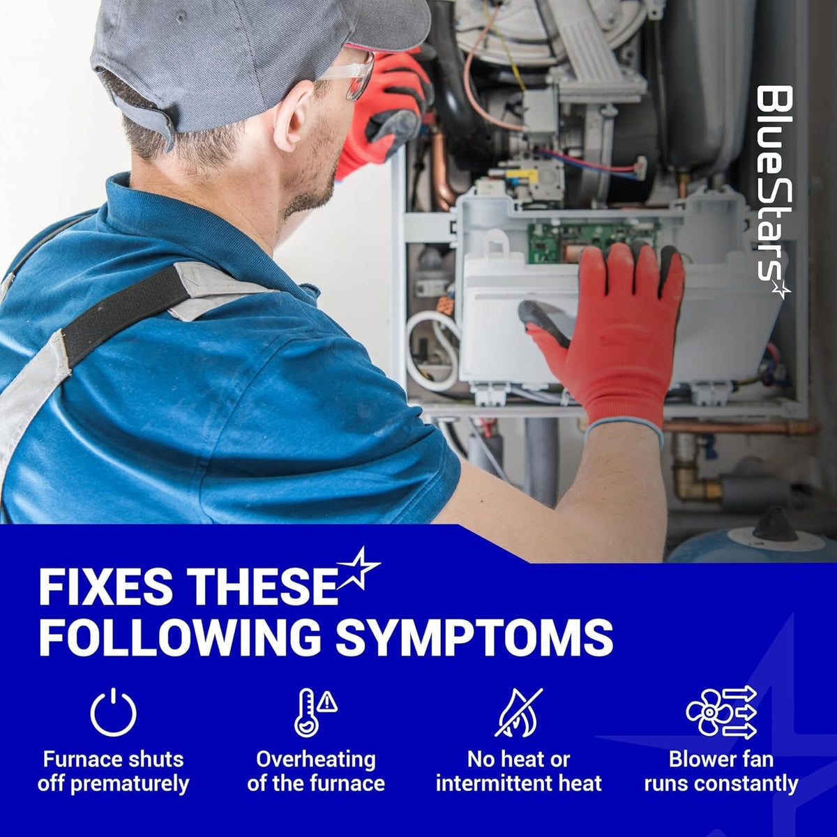 Technician repairing a furnace to fix symptoms like overheating or premature shut-off for 87F16 primary limit switch.