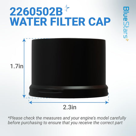 Black refrigerator water filter cap 2260502B with 1.7in height and 2.3in width dimensions.
