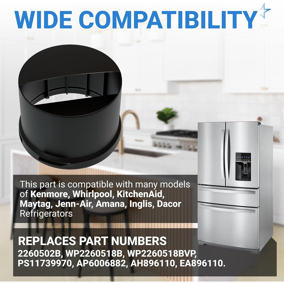Black refrigerator water filter cap compatible with Whirlpool and Kenmore refrigerators, showing wide compatibility.