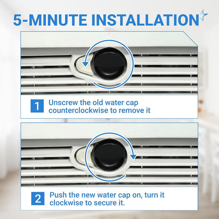 Installation guide showing how to remove and replace a Whirlpool and Kenmore refrigerator water filter cap.