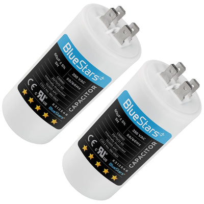 Two 60uF CBB60 250VAC motor run start capacitors with terminal connectors.