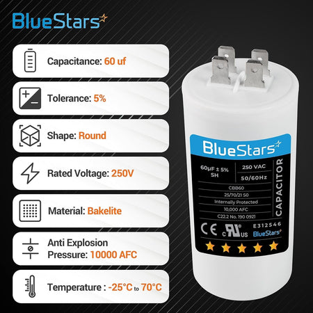 BlueStars 60uF CBB60 250VAC motor run capacitor with technical specification infographic.