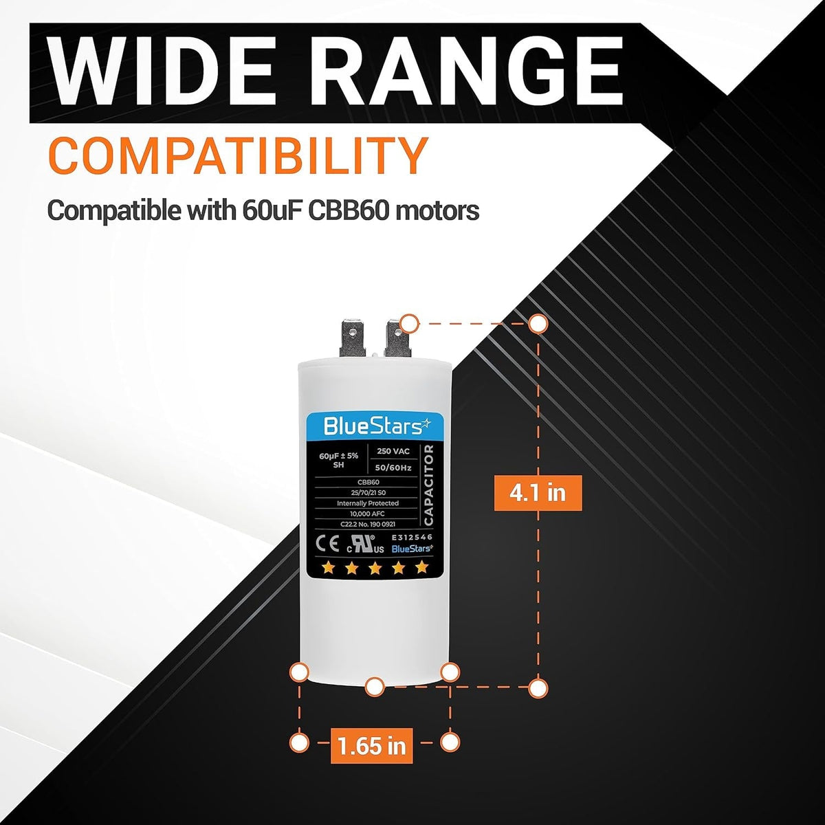 60uF CBB60 motor run capacitor showing 4.1 inch height and 1.65 inch diameter dimensions.